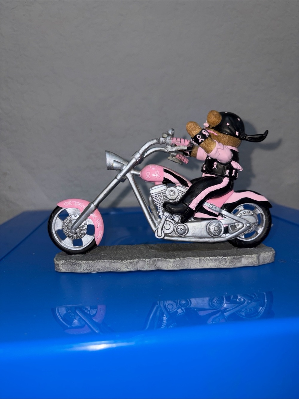 Pink Ribbon Bear Motorcycle Figurine